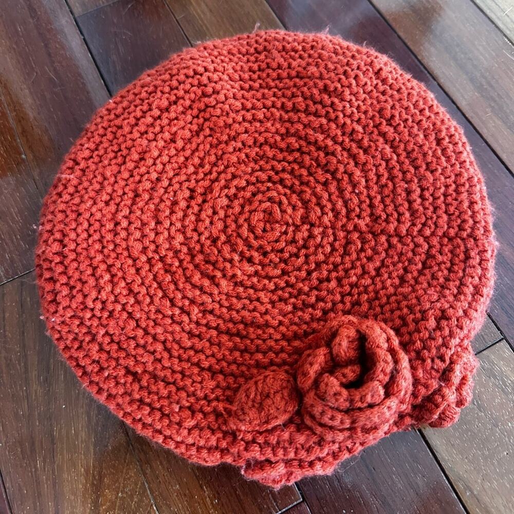Zara Kids Girls French Beret Knit Fall Rust Orange Hat Rosettes Madeline